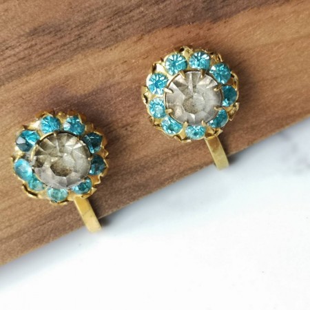 【FUN STYLE SHOP】古董藍鑽花朵造型耳環(夾式)