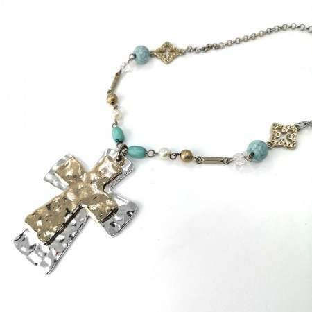 【FUN STYLE SHOP】古董雙色十字架搭藍珠項鍊
